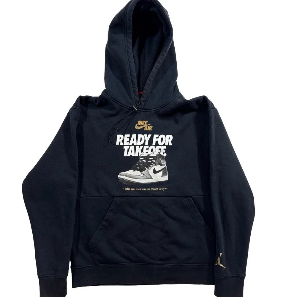 Nike Air Jordan “Ready for Takeoff” Hoodie Men’s M Black Fleece Lined Streetwear